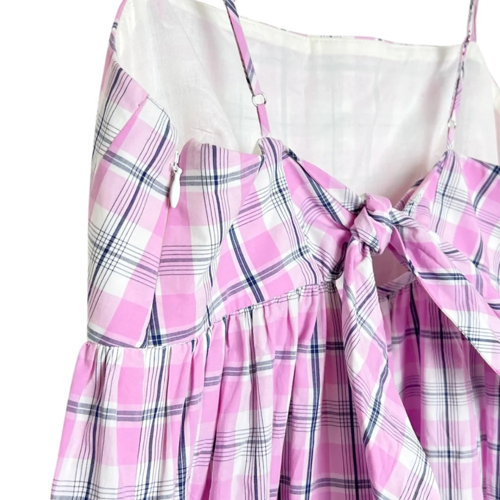 J Crew Tie Back Tiered Poplin Dress Violet/Pink Plaid Size 6
